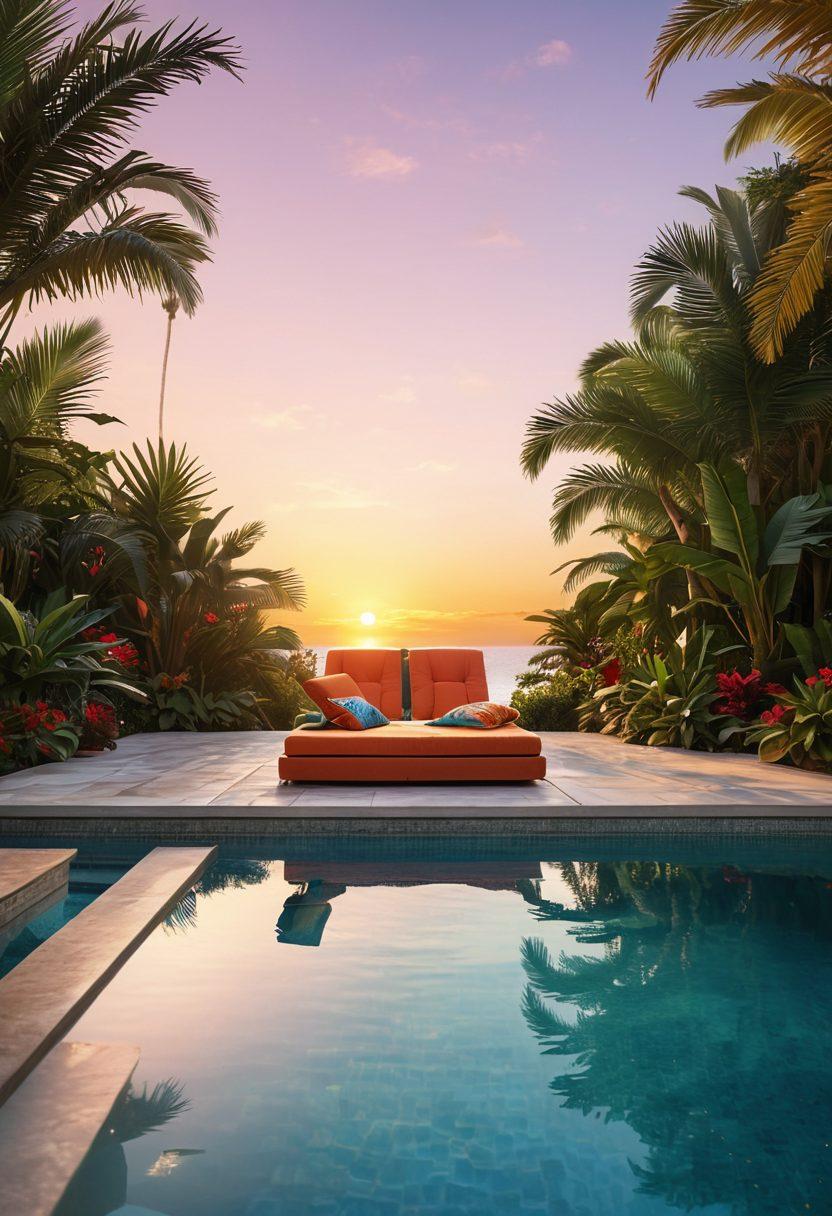 A luxurious poolside scene at sunset with stylish swimwear displayed on a sun lounger, exotic tropical plants surrounding the area, and a shimmering pool reflecting vibrant colors. Add a relaxed beach vibe with sunglasses, a cocktail on the side, and soft beach towels. Emphasize trendy vacation styles and a sense of paradise. super-realistic. vibrant colors. warm tones.